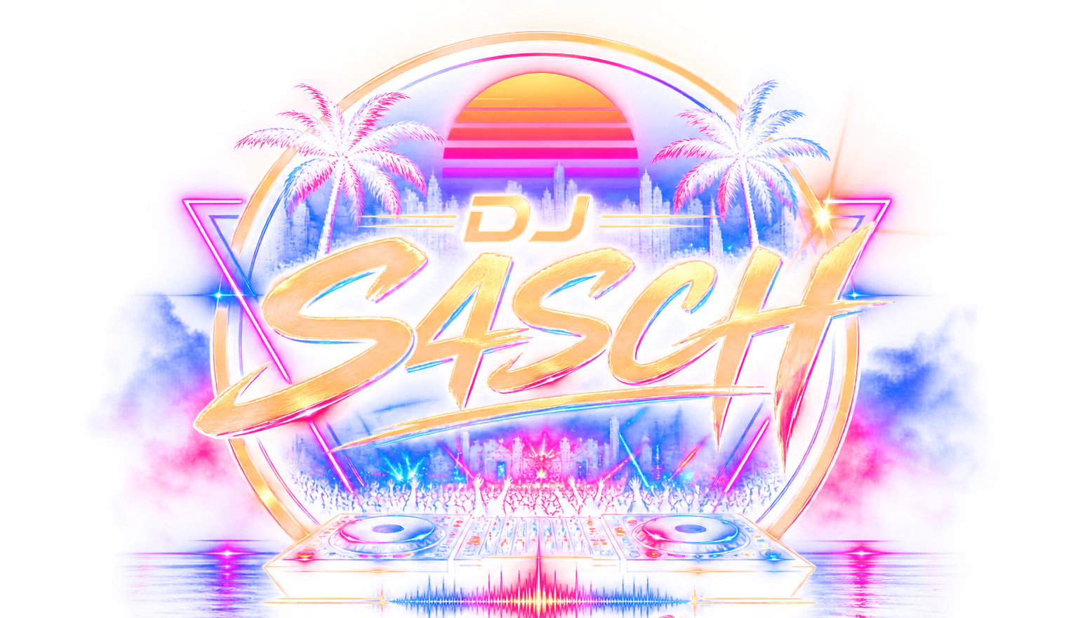 DJ S4SCH Logo — goldener Schriftzug mit Neonsonne und Palmen