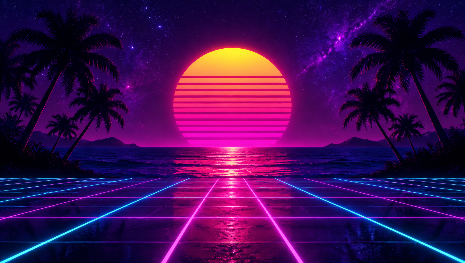 Synthwave Sonnenuntergang mit Palmen und Neon-Grid